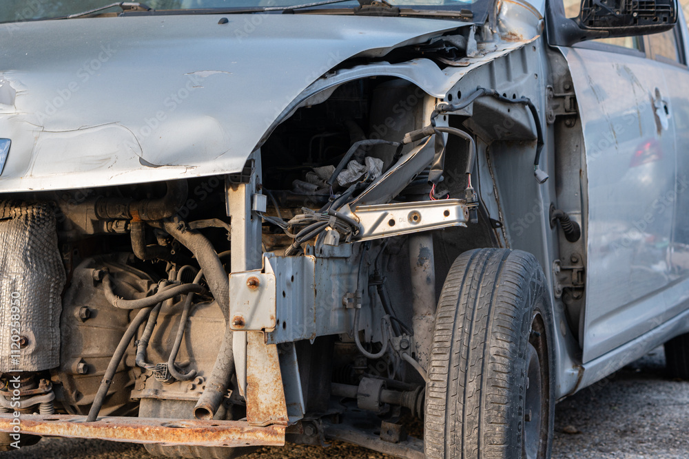 Front of a silver car damaged and disassembled in a parking lot. Junk yard silver car ready to be taken for parts Front of a silver car damaged and disassembled in a parking lot. Junk yard silver car ready to be taken for parts