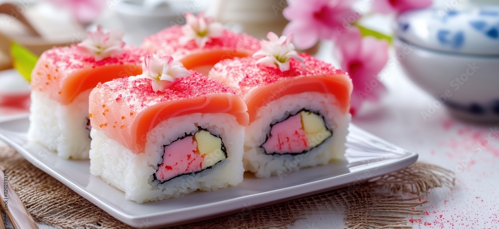 Sushi rolls with pink toppings and flowers, beautifully arranged on a plate. Colorful sushi with rice, fish, and decorative elements., copy space for text