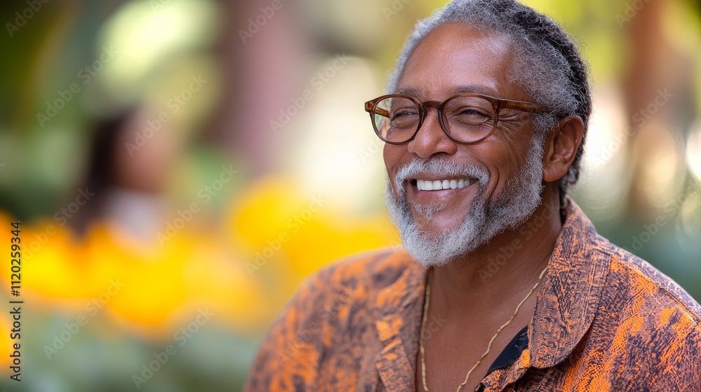 A cheerful older man smiles warmly in a garden filled with vibrant flowers during a sunny day A cheerful older man smiles warmly in a garden filled with vibrant flowers during a sunny day