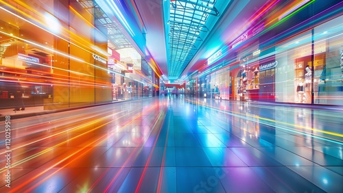 Dynamic Motion Blur of Modern Shopping Center – Stylish Displays and Vibrant Lighting in Busy Retail Environment