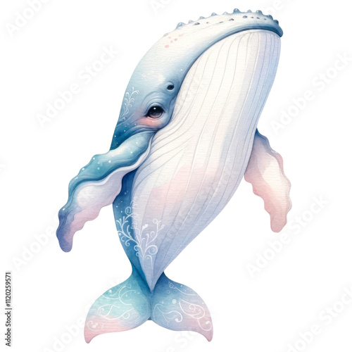 Watercolor Blue Whale Illustration in Soft Tones. photo