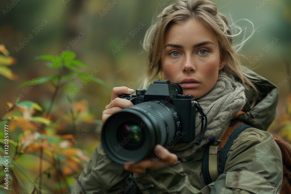 A woman with a camera captures nature in a serene outdoor environment. A woman with a camera captures nature in a serene outdoor environment.