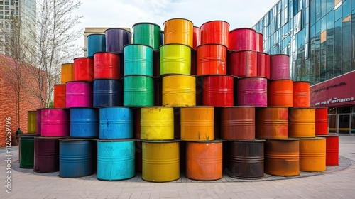 Brightly colored oil barrels arranged into a creative sculpture in a public square. photo