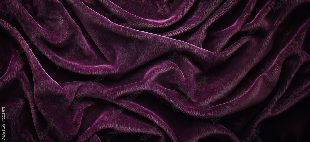 Fototapeta premium Purple velvet fabric texture, rich deep color, soft luxurious feel, intricate folds and drapes, elegant background, copy space for text