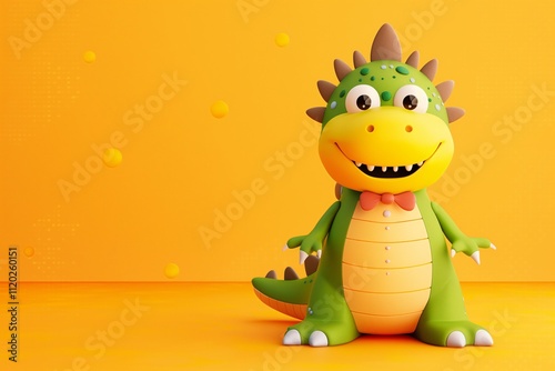 Cute 3D Render Dino Toy, Adorable Yellow Dinosaur in Businessman Suit Isolated on Pastel Background, Kids Education and Fun. photo