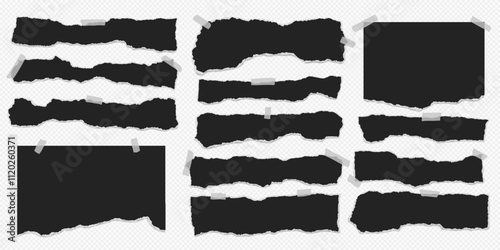 Set of torn black note paper pieces with sticky tape are on transparent background for text, notes or ad.