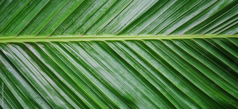 Green palm leaf texture, detailed close-up, showcasing veins and glossy surface, copy space for text Green palm leaf texture, detailed close-up, showcasing veins and glossy surface, copy space for text