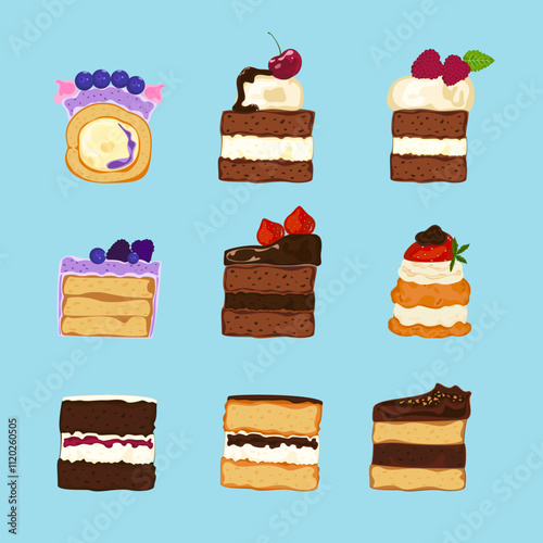 Vector illustration set of different flavors of cute style cake slices. Flat design, isolated on white. Vector illustration of bakery, birthday cake, party, celebration, festival, happy for greeting.