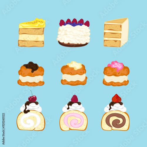 Vector illustration set of different flavors of cute style cake slices. Flat design, isolated on white. Vector illustration of bakery, birthday cake, party, celebration, festival, happy for greeting.