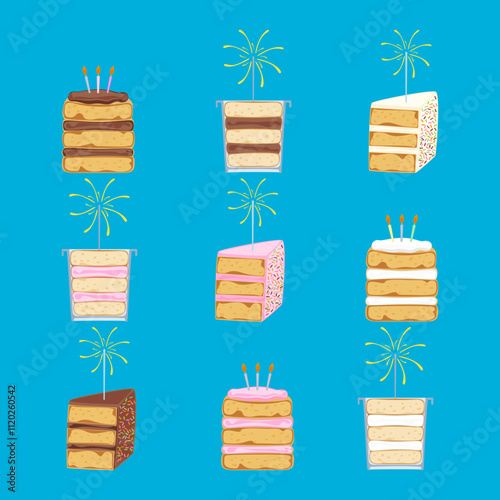 Vector illustration set of different flavors of cute style cake slices. Flat design, isolated on white. Vector illustration of bakery, birthday cake, party, celebration, festival, happy for greeting.