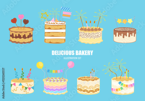 Vector illustration set of different flavors of cute style cake slices. Flat design, isolated on white. Vector illustration of bakery, birthday cake, party, celebration, festival, happy for greeting.