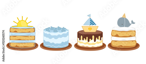 Vector illustration set of different flavors of cute style cake slices. Flat design, isolated on white. Vector illustration of bakery, birthday cake, party, celebration, festival, happy for greeting.
