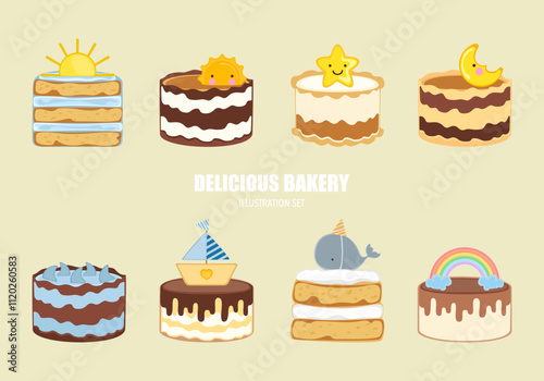 Vector illustration set of different flavors of cute style cake slices. Flat design, isolated on white. Vector illustration of bakery, birthday cake, party, celebration, festival, happy for greeting.