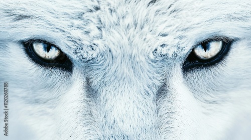 A close-up image of a wolf's face, showcasing its piercing eyes and white fur, evoking a sense of mystery and beauty in nature. photo