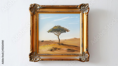 A striking oil painting of a lone tree in a vast deser