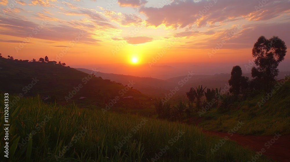 Obraz premium Vibrant sunset over rolling hills and farmland.