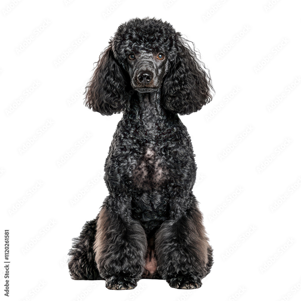 Elegant black poodle sitting gracefully, showcasing its curly fur and expressive eyes. This breed is known for its intelligence and playful nature. isolated on transparent background Elegant black poodle sitting gracefully, showcasing its curly fur and expressive eyes. This breed is known for its intelligence and playful nature. isolated on transparent background