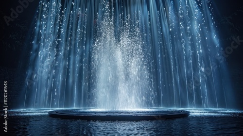 Illuminated water fountain at night, showcasing cascading water streams and bright light.