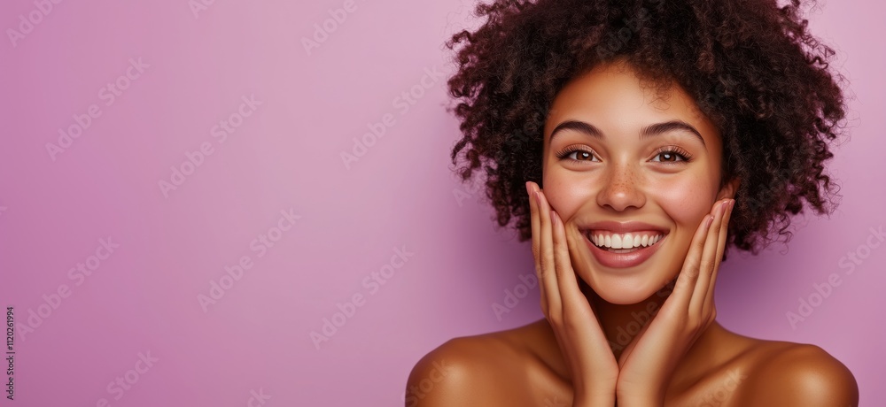 Smiling woman with curly hair, joyful expression, pink background, natural beauty, skincare, happiness, youthfulness, copy space for text Smiling woman with curly hair, joyful expression, pink background, natural beauty, skincare, happiness, youthfulness, copy space for text