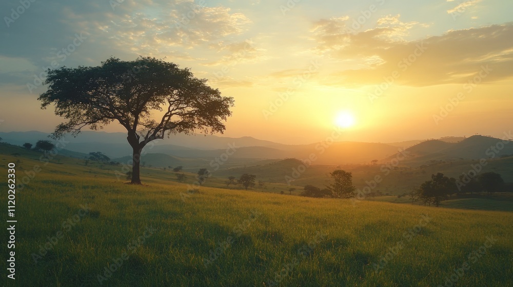 Solitary tree on grassy hill at sunset, scenic landscape. Solitary tree on grassy hill at sunset, scenic landscape.
