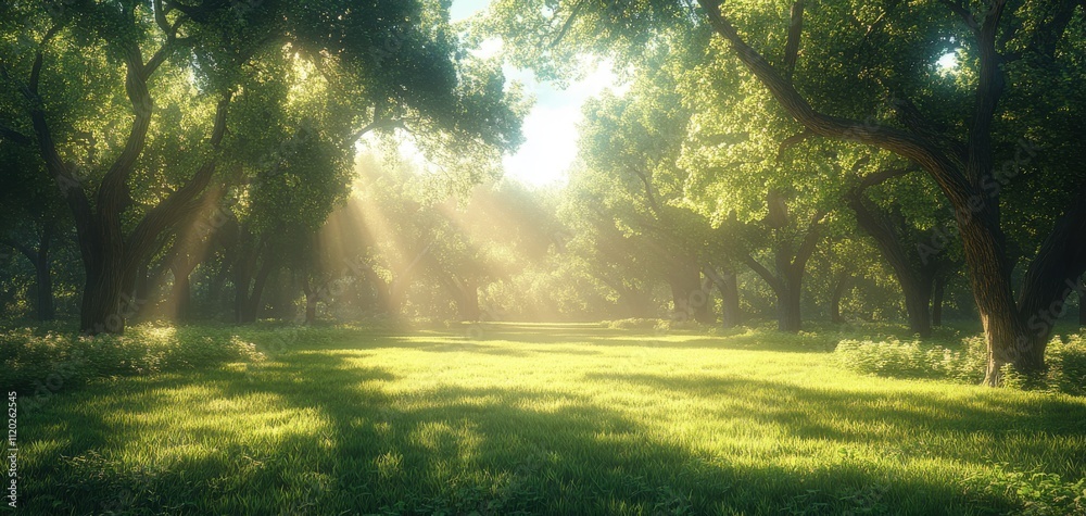 Obraz premium Serene Sunlit Forest Landscape with Lush Greenery, Soft Sun Rays Shining Through Tree Canopy, Peaceful Natural Setting Ideal for Relaxation and Reflection