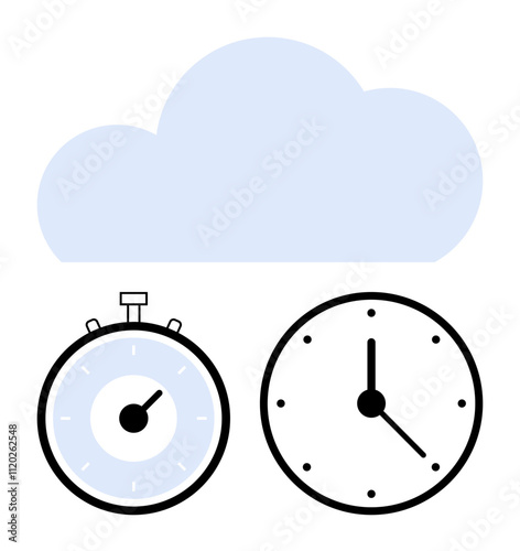 Cloud stopwatch clock conveying time management, data synchronization, scheduling, efficiency, digital solutions, and modern technology. Ideal for tech content, business presentations, productivity
