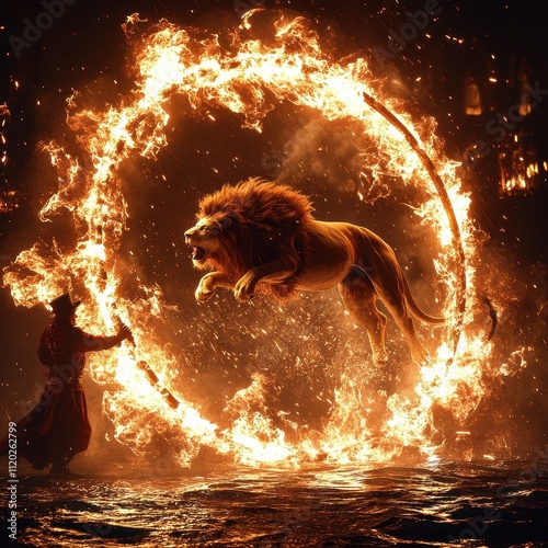 lion jumping through a large flaming hoop as the trainer commands, ruthless exploitation of animals photo