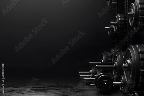 A Dark and Sleek Gym Environment with Weight Plates and Dumbbells