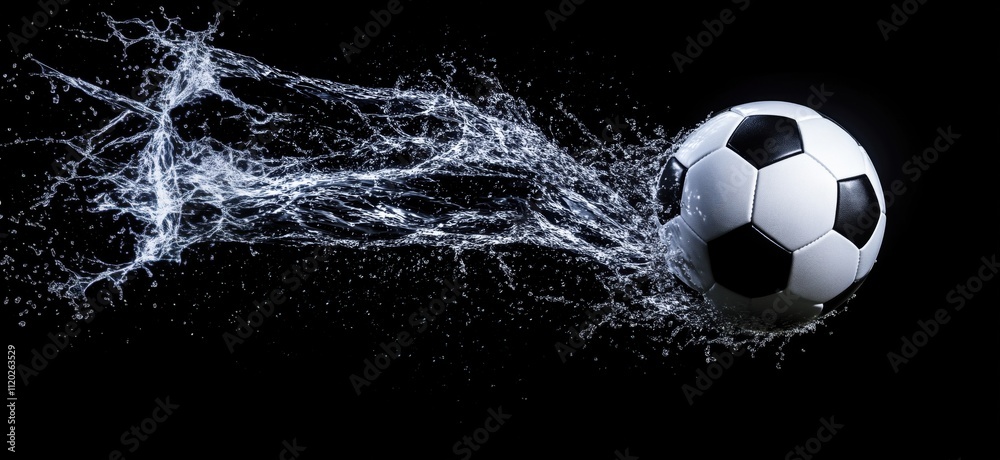 Naklejka premium Soccer ball splashing water, dynamic motion, black background, high-speed photography, sports action, copy space for text