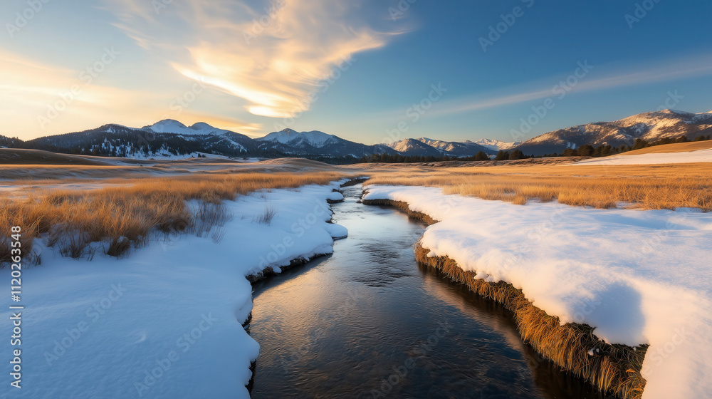 Tranquil stream flowing through snowy landscape mountain range nature scene Tranquil stream flowing through snowy landscape mountain range nature scene
