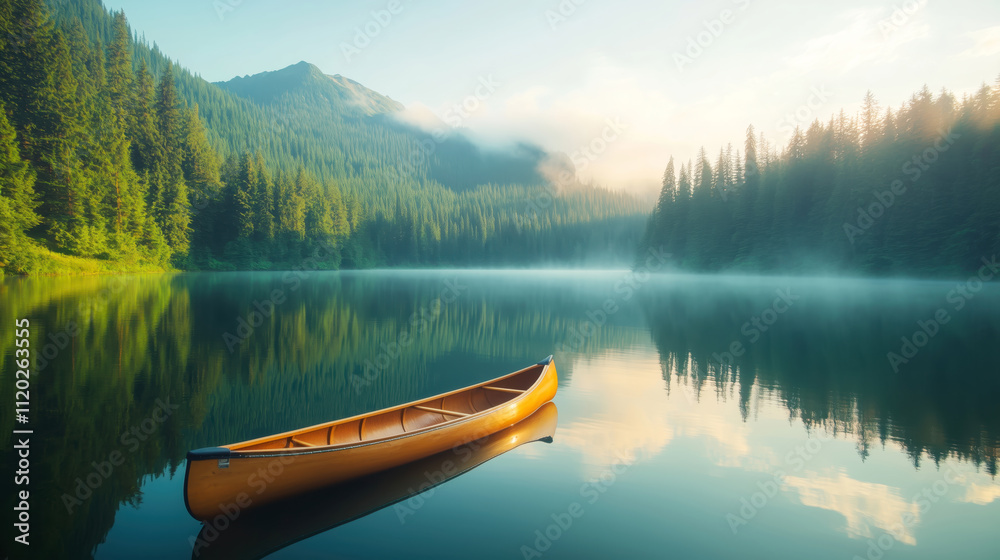 Canoeing adventure at tranquil lake nature photography serene landscape Canoeing adventure at tranquil lake nature photography serene landscape