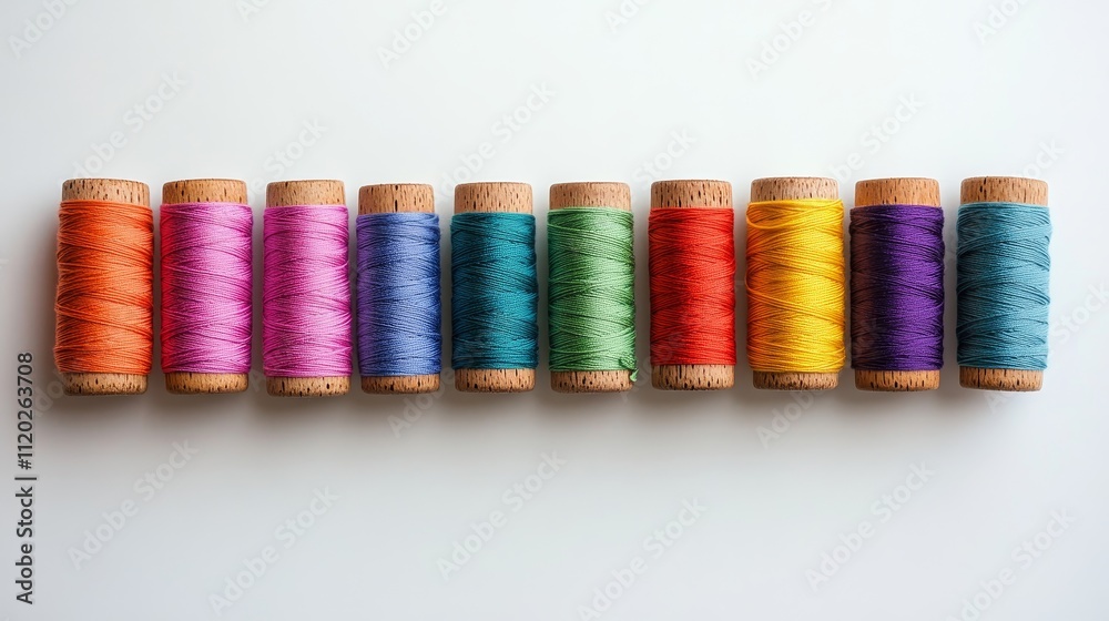 A row of colorful yarns are lined up on a white background A row of colorful yarns are lined up on a white background