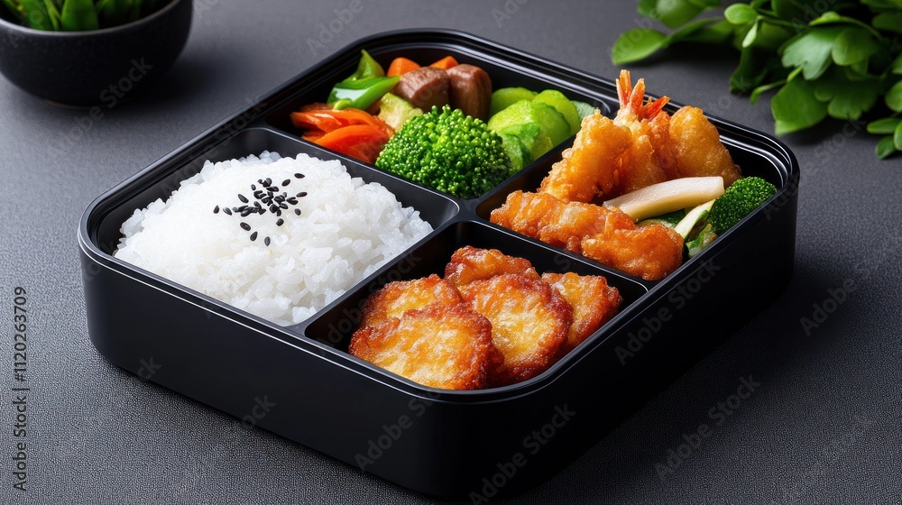 A bento box featuring rice, chicken, and assorted vegetables. A bento box featuring rice, chicken, and assorted vegetables.