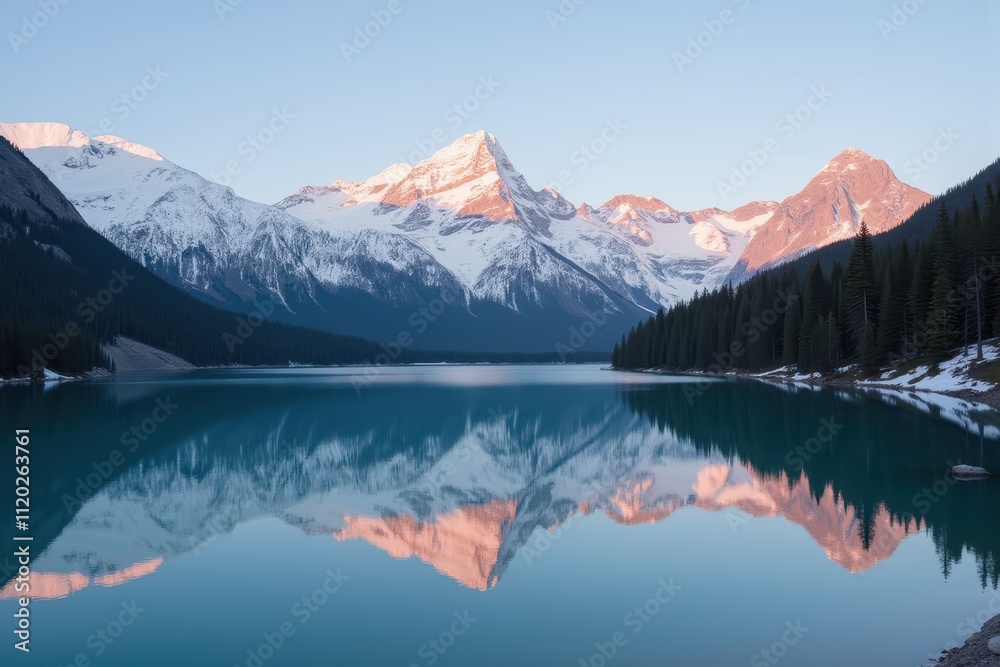 Serene Lake with Majestic Mountain Reflection in Early Morning Light Surrounded by Lush Forests and Snow-Capped Peaks in a Tranquil Nature Landscape Serene Lake with Majestic Mountain Reflection in Early Morning Light Surrounded by Lush Forests and Snow-Capped Peaks in a Tranquil Nature Landscape