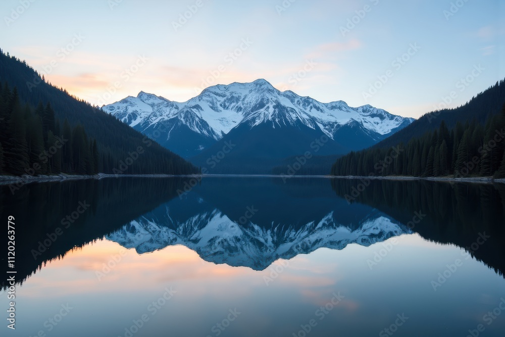 Serene Sunset at Mountain Lake with Vibrant Reflection in Calm Waters Surrounded by Lush Forest and Snow-Capped Peaks Under a Gentle Sky Serene Sunset at Mountain Lake with Vibrant Reflection in Calm Waters Surrounded by Lush Forest and Snow-Capped Peaks Under a Gentle Sky