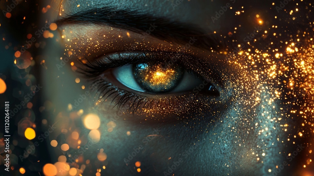 Close-up of a sparkling eye with golden light particles Close-up of a sparkling eye with golden light particles