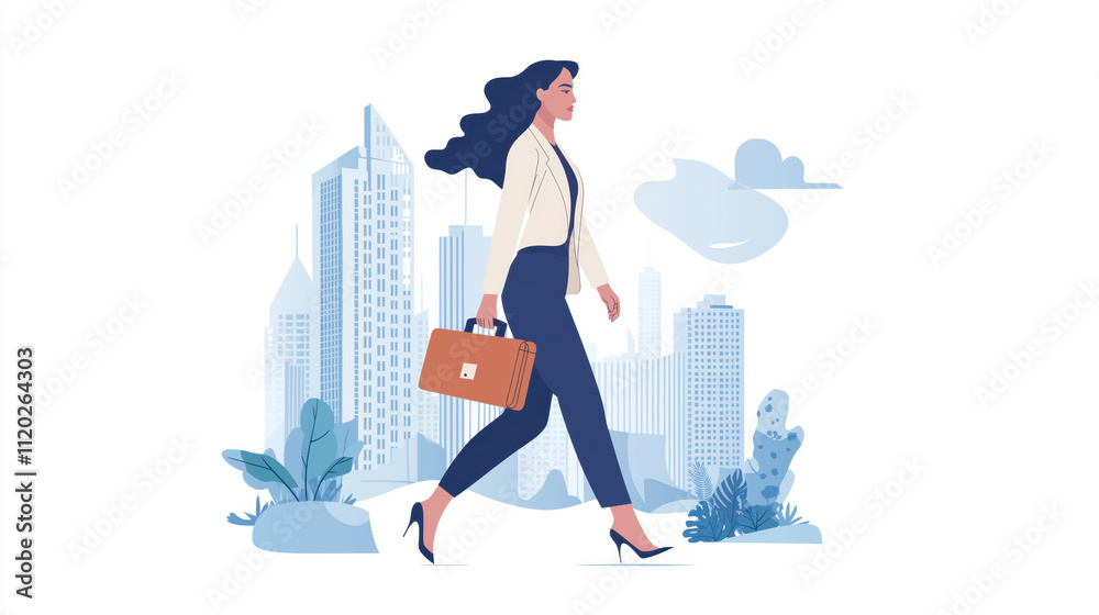 Obraz premium Businesswoman walking in urban landscape city environment illustration