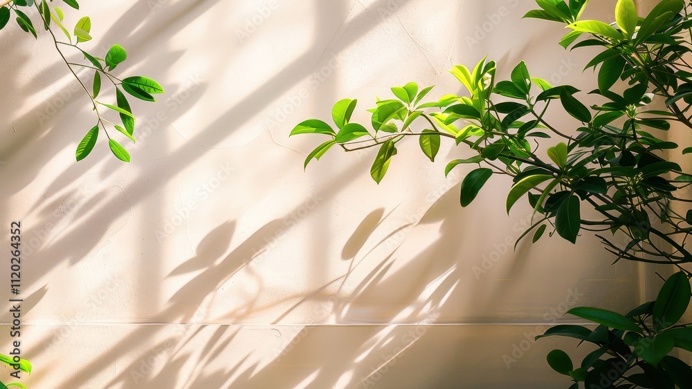 Sunlit leaves casting intricate shadows on a wall, creating a tranquil and elegant indoor atmosphere. Sunlit leaves casting intricate shadows on a wall, creating a tranquil and elegant indoor atmosphere.