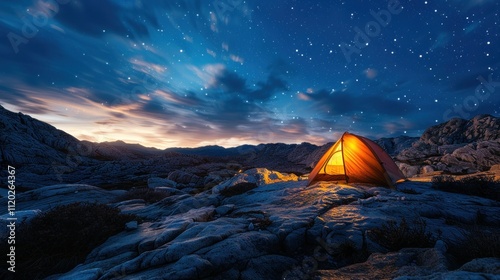 Illuminated tent in mountain landscape under starry night sky.