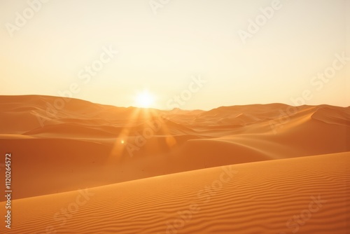 Breathtaking Sunset Over Golden Sand Dunes in a Vast Desert Landscape Ideal for Travel, Adventure, and Nature Themes photo