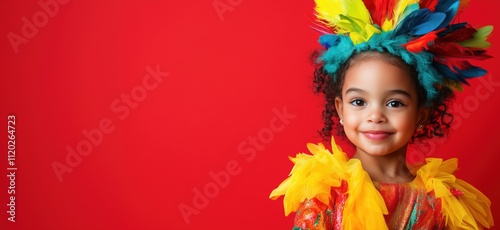 Colorful carnival costume girl, vibrant feathers, bright red background, joyful expression, playful attire, curly hair, festive atmosphere, copy space for text