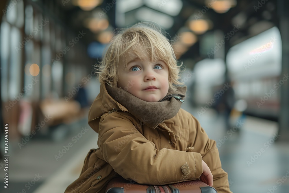 Child waiting at a train station, filled with curiosity and wonder. Child waiting at a train station, filled with curiosity and wonder.