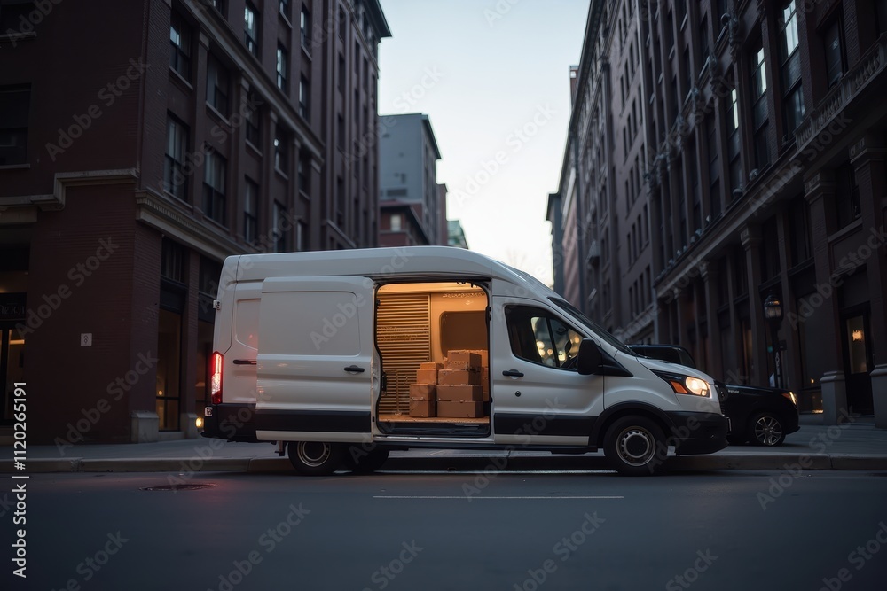 Fototapeta premium Delivery Van in Urban Alley with Open Doors at Dusk: A Quiet Scene of City Logistics and Transport Operations