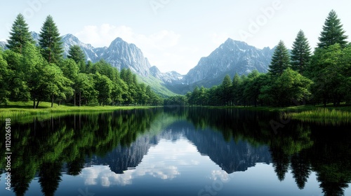 Serene mountain landscape with a calm lake and lush greenery.