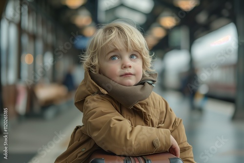 Child waiting at a train station, filled with curiosity and wonder.