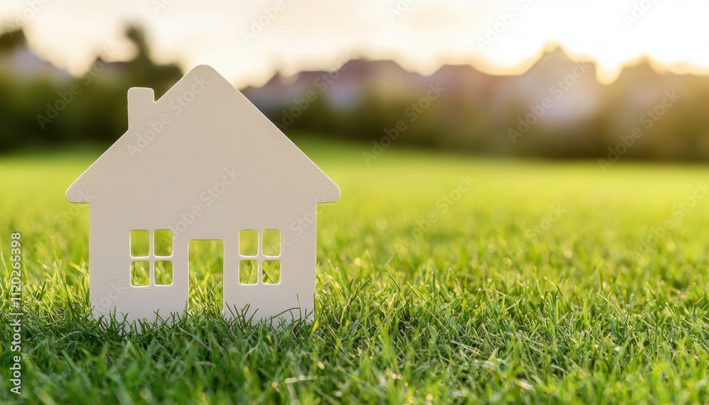 A small house model stands on green grass, with a soft background of trees and sunlight, symbolizing home, nature, and tranquility. A small house model stands on green grass, with a soft background of trees and sunlight, symbolizing home, nature, and tranquility.