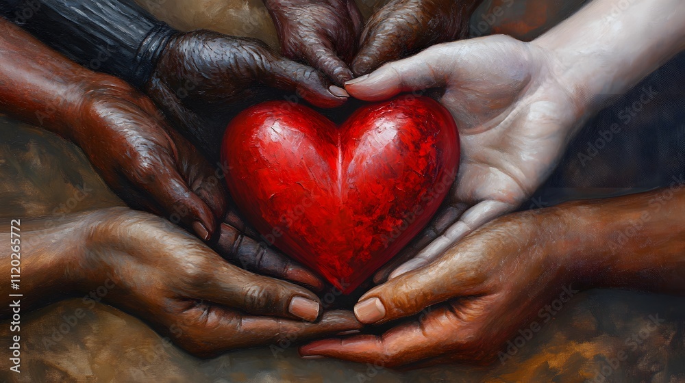 Naklejka premium Diverse Hands Gently Holding a Red Heart