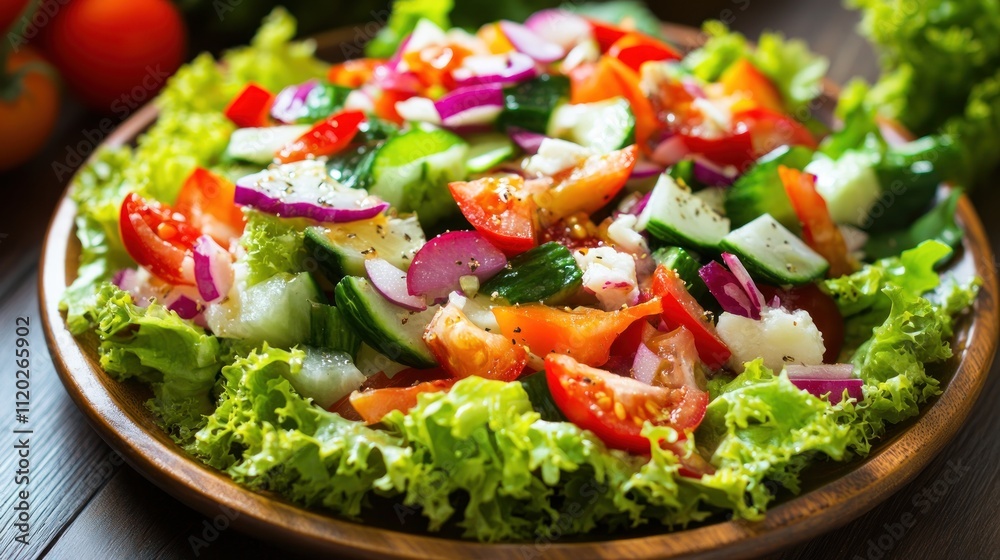 Fresh vegetable salad with colorful ingredients on wooden plate Fresh vegetable salad with colorful ingredients on wooden plate