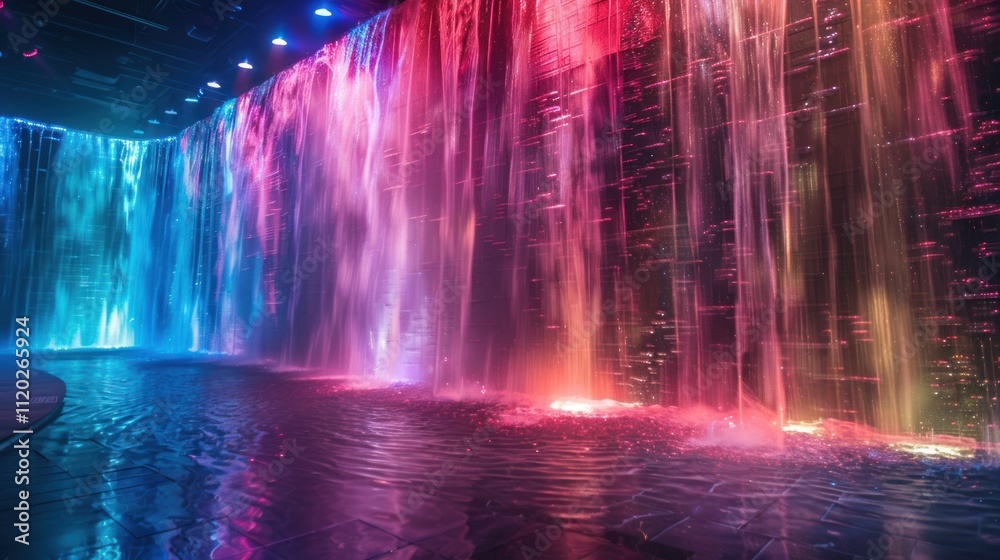 Naklejka premium Illuminated waterfall cascading into a pool, vibrant colors.
