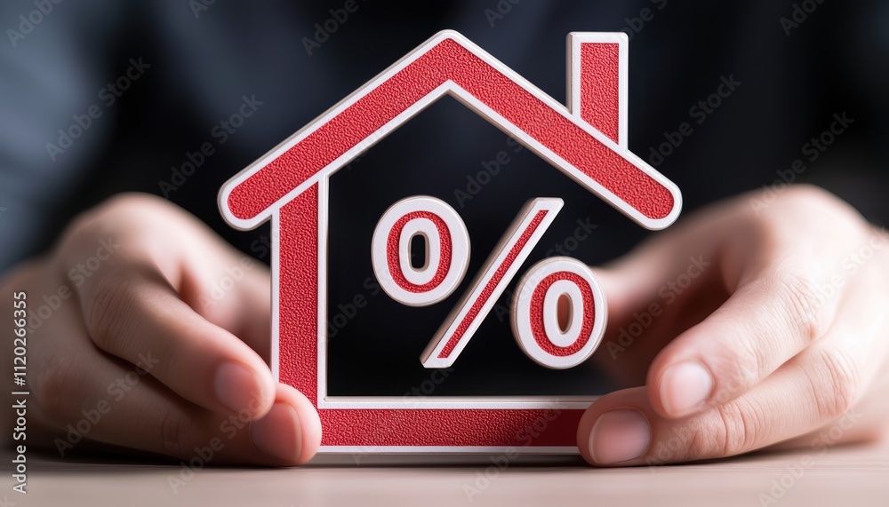 A hand holds a stylized house symbol with a percentage sign, representing interest rates or home financing concepts. A hand holds a stylized house symbol with a percentage sign, representing interest rates or home financing concepts.